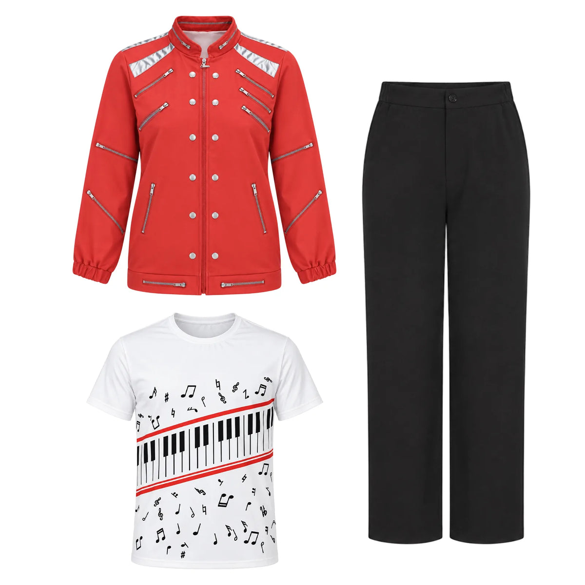 Red jacket, white piano-key and musical-note T-shirt, and black pants arranged separately.