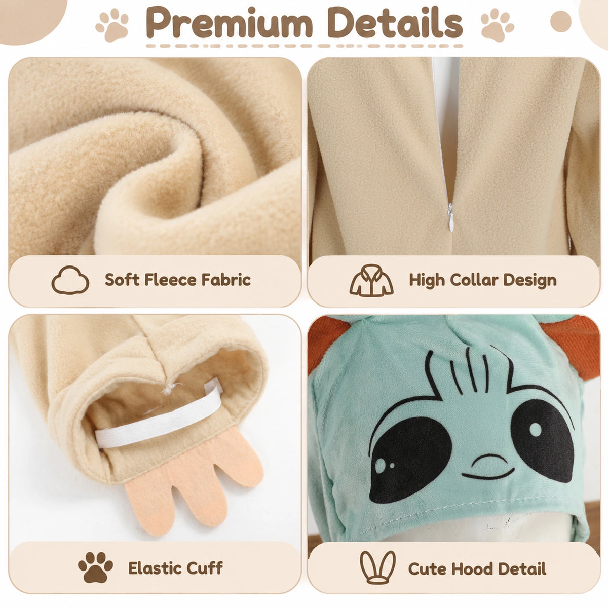 Close-ups of the Yoda-inspired robe show fleece texture, front zipper and hand-shaped cuff details beside the green headpiece.