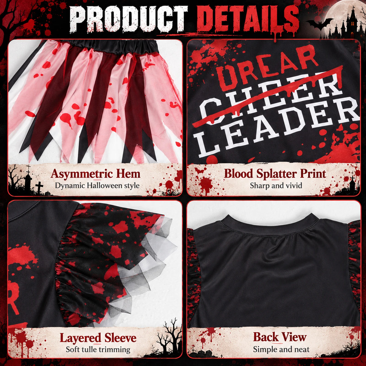 Detail panels show an asymmetric hem, blood splatter print, layered sleeve and plain black back.