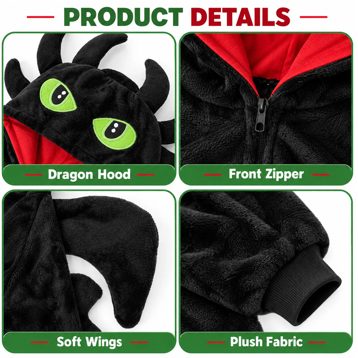 Toothless-inspired dragon costume details: embroidered eyes, front zipper, attached wings and plush texture.