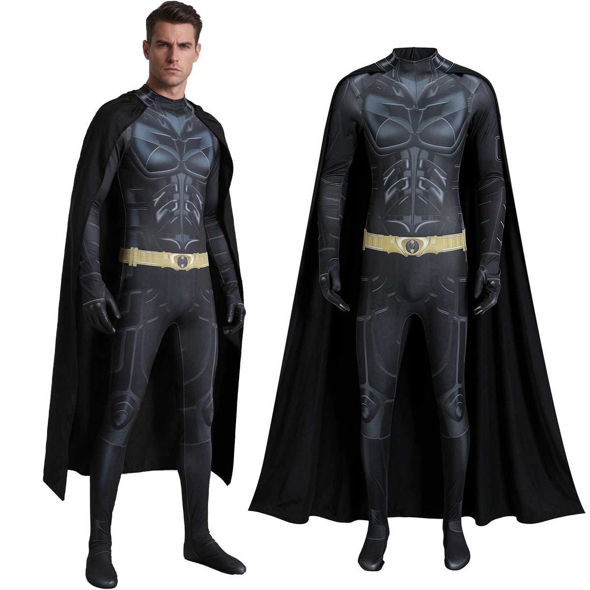 Batman-inspired black superhero costume with gray armor print, gold waist design and black cape, shown on a man and mannequin.
