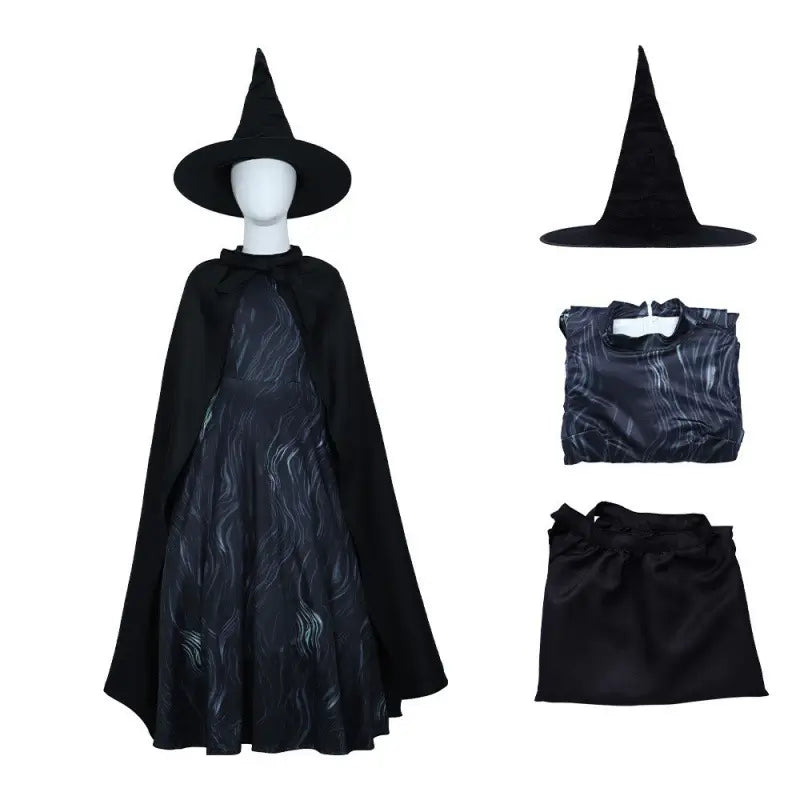 Black witch costume set with printed dress, cape, and pointed hat for Halloween parties, themed events, and dress-up play.