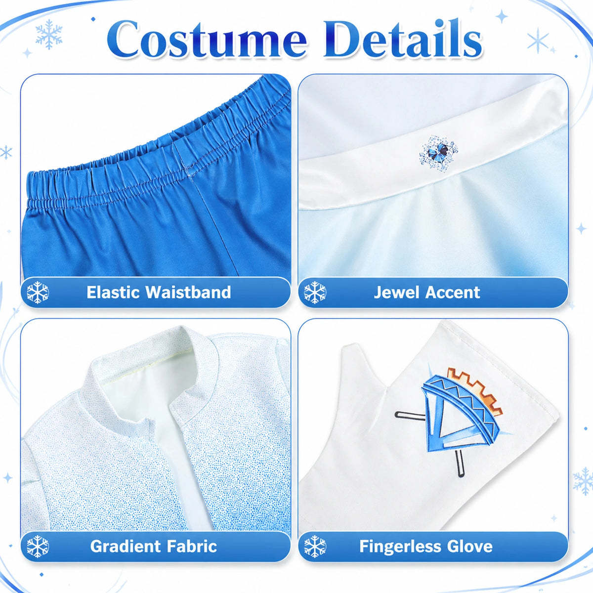 Details of the blue princess costume inspired by Descendants show the elastic pants waistband, jewel-like waist accent and printed fingerless gloves.