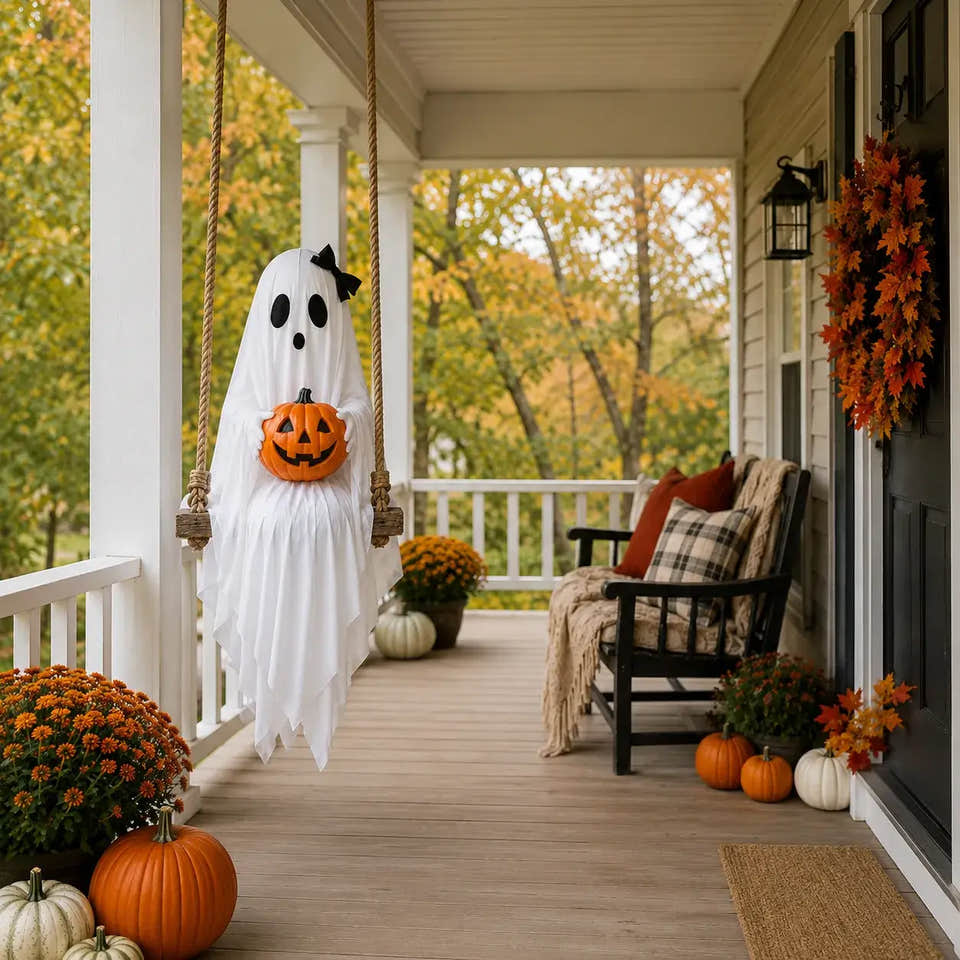Bow ghost swing hanging on a covered porch with pumpkins and fall decorations