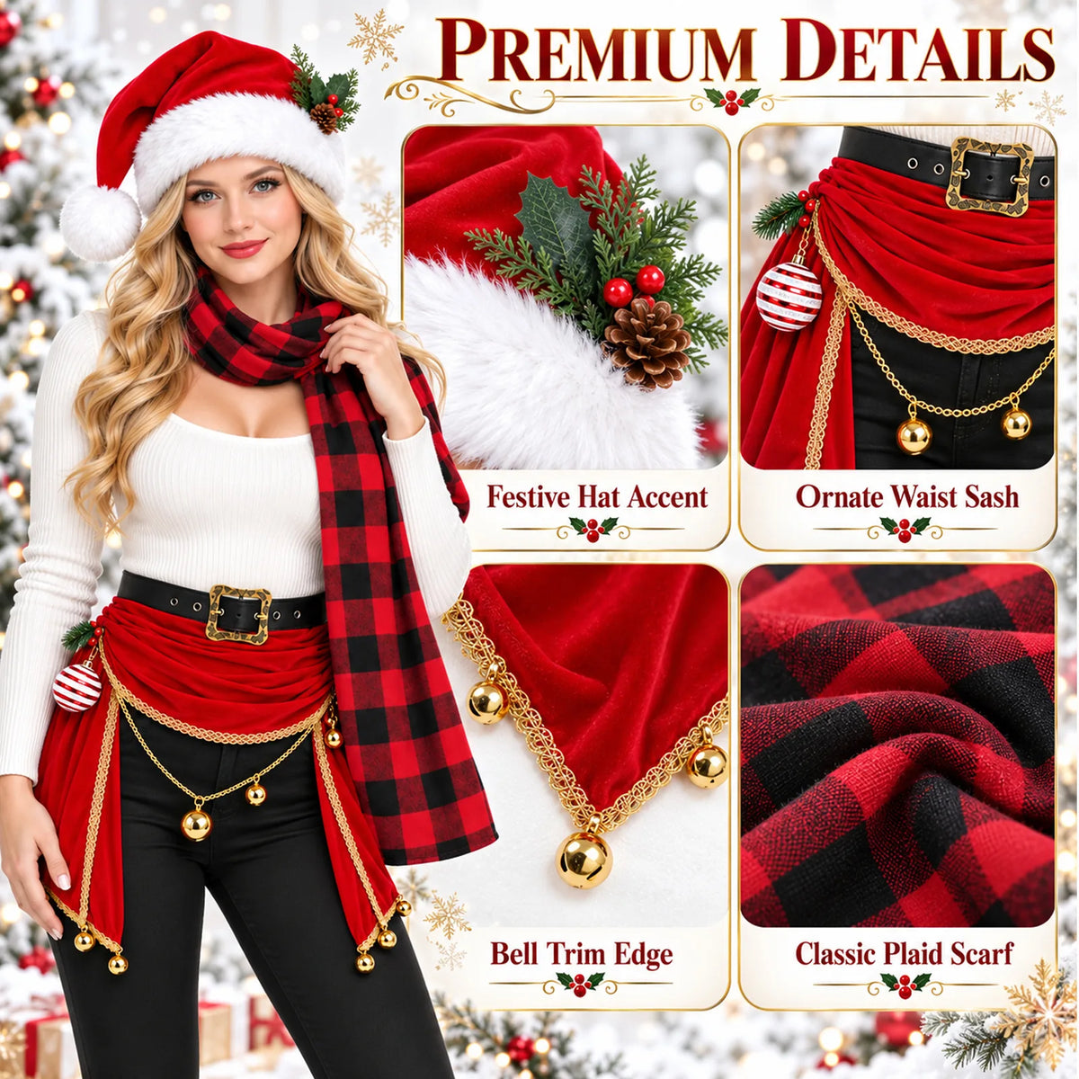 The Christmas accessories set detail graphic shows decorative foliage, bell trim and plaid fabric.