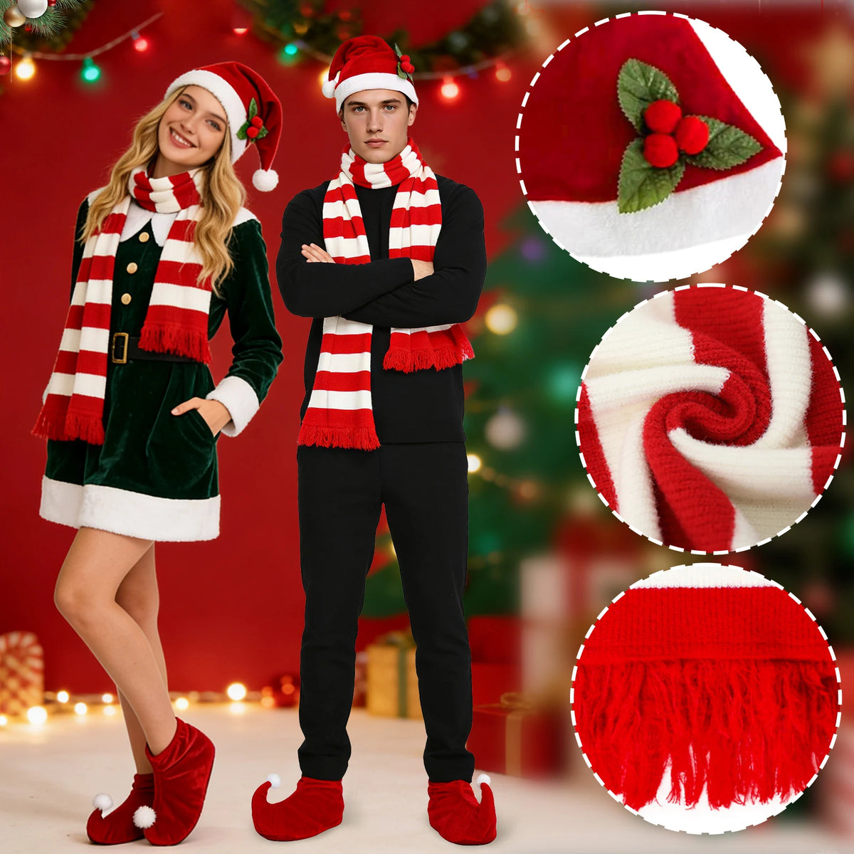 Holiday accessories shown with close views of hat and scarf details.