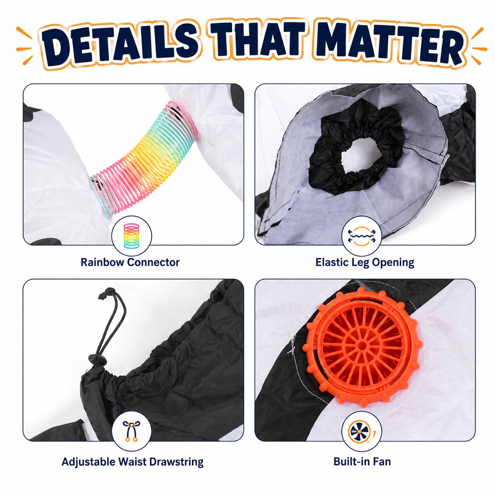 Close views highlight the rainbow connector, elastic leg opening, drawstring and fan