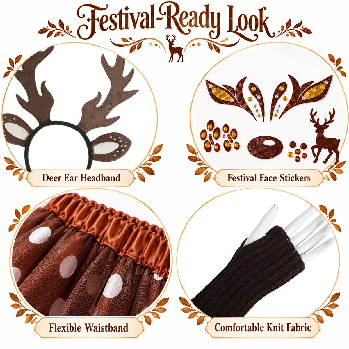 Deer costume details show the antler headband, decorative face stickers, gathered skirt waistband, and ribbed arm warmers.
