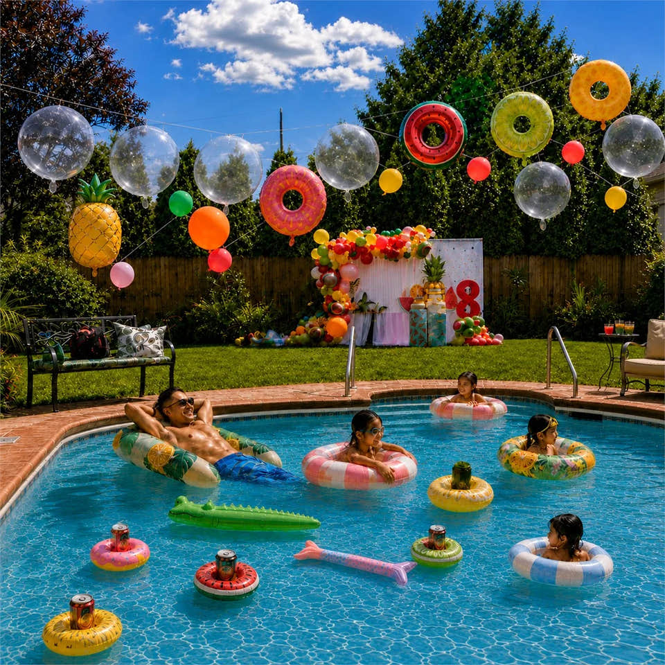 Family pool party scene with tropical ring balloons, clear balloons, and inflatable drink holders