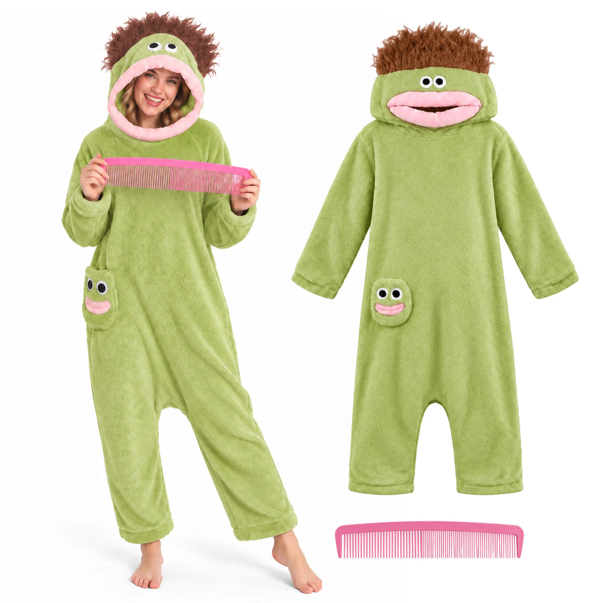 An adult models the green open-face monster hooded onesie beside the garment and pink comb.