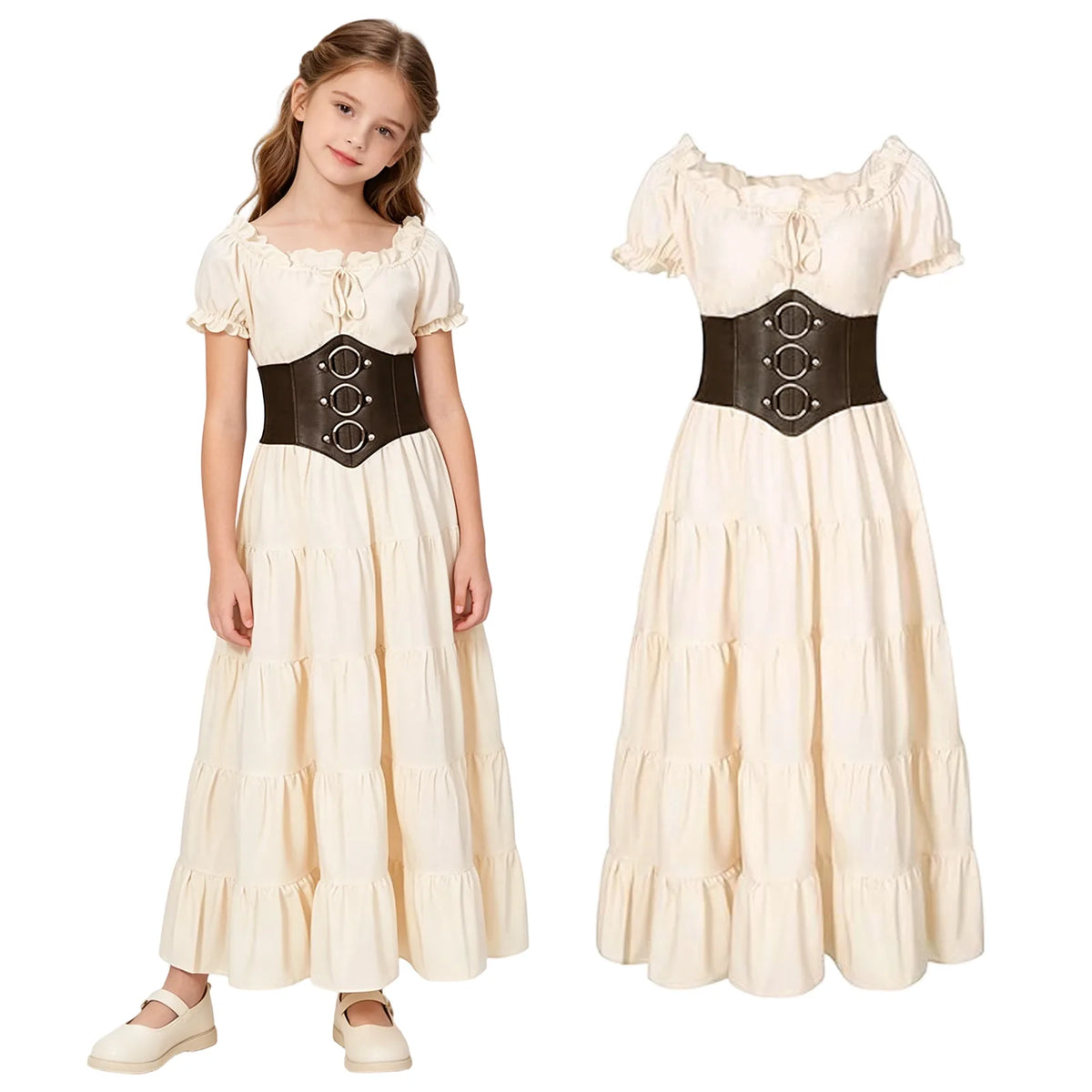 Girl wearing a cream medieval costume dress with a wide brown corset-style belt, full front view.