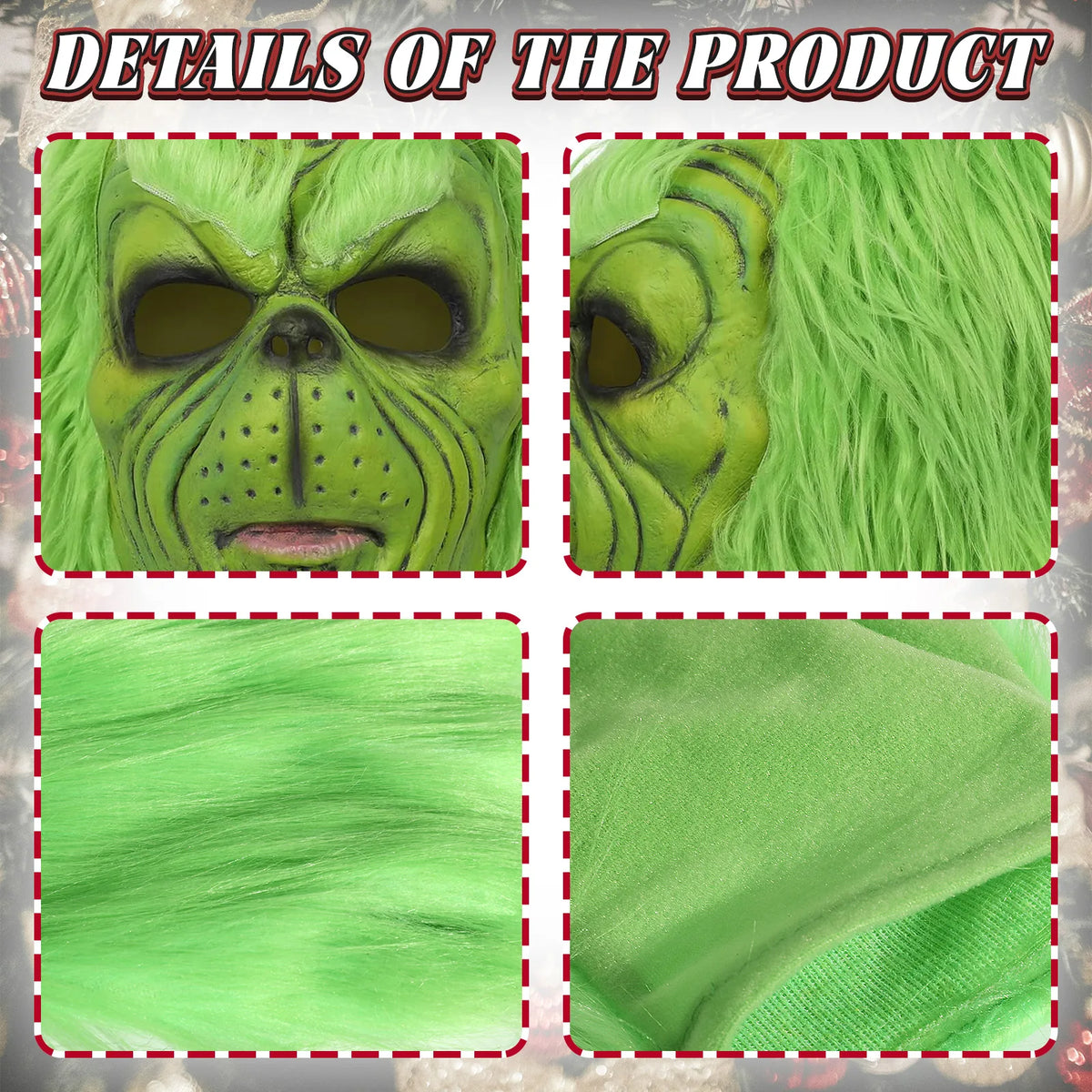 Close panels show the green mask face, long hair and matching glove fabric.
