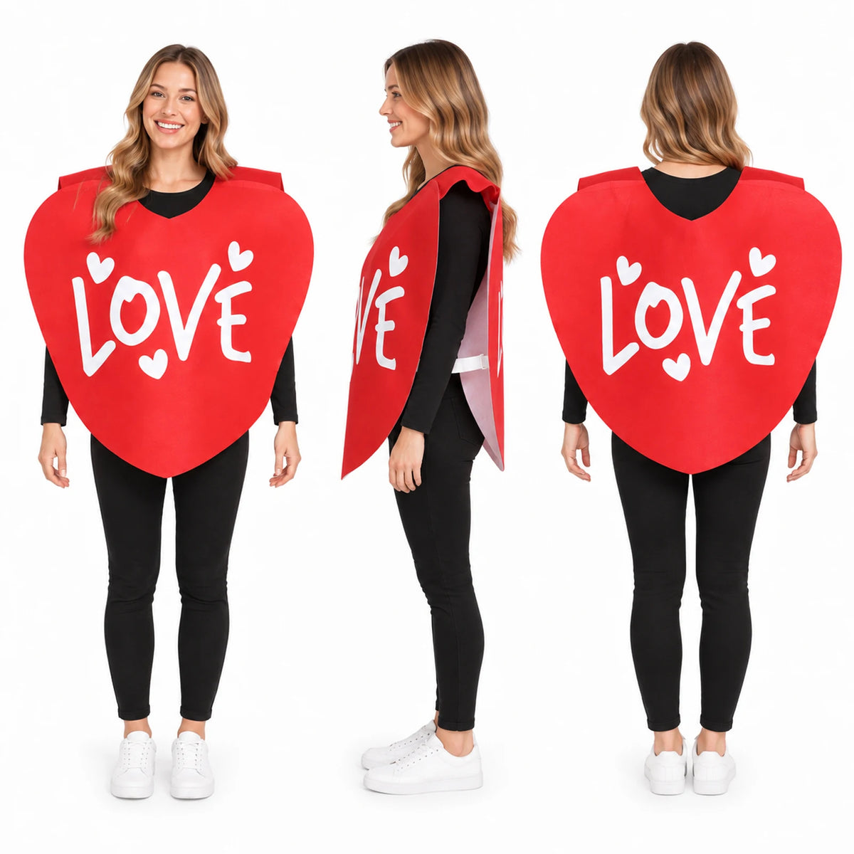 Front, side and back worn views show LOVE lettering on both heart panels and open sides.
