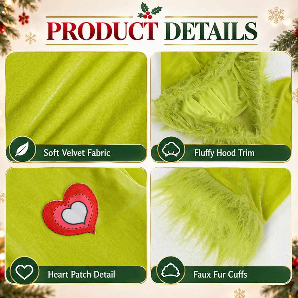 Green dress detail panels show velvet fabric fluffy hood trim heart patch and faux fur cuffs