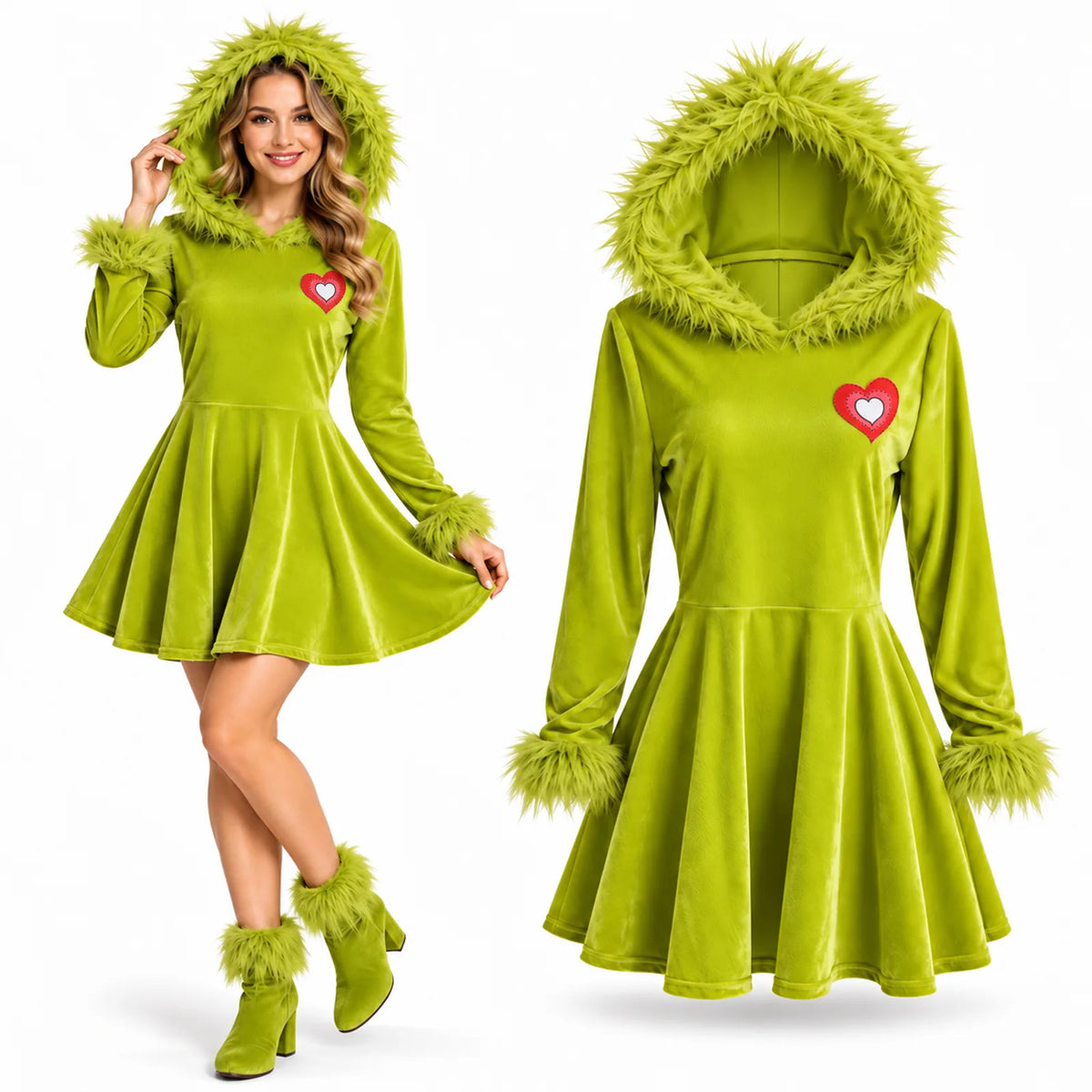 Green hooded Christmas dress shown on a model beside the full garment with heart patch