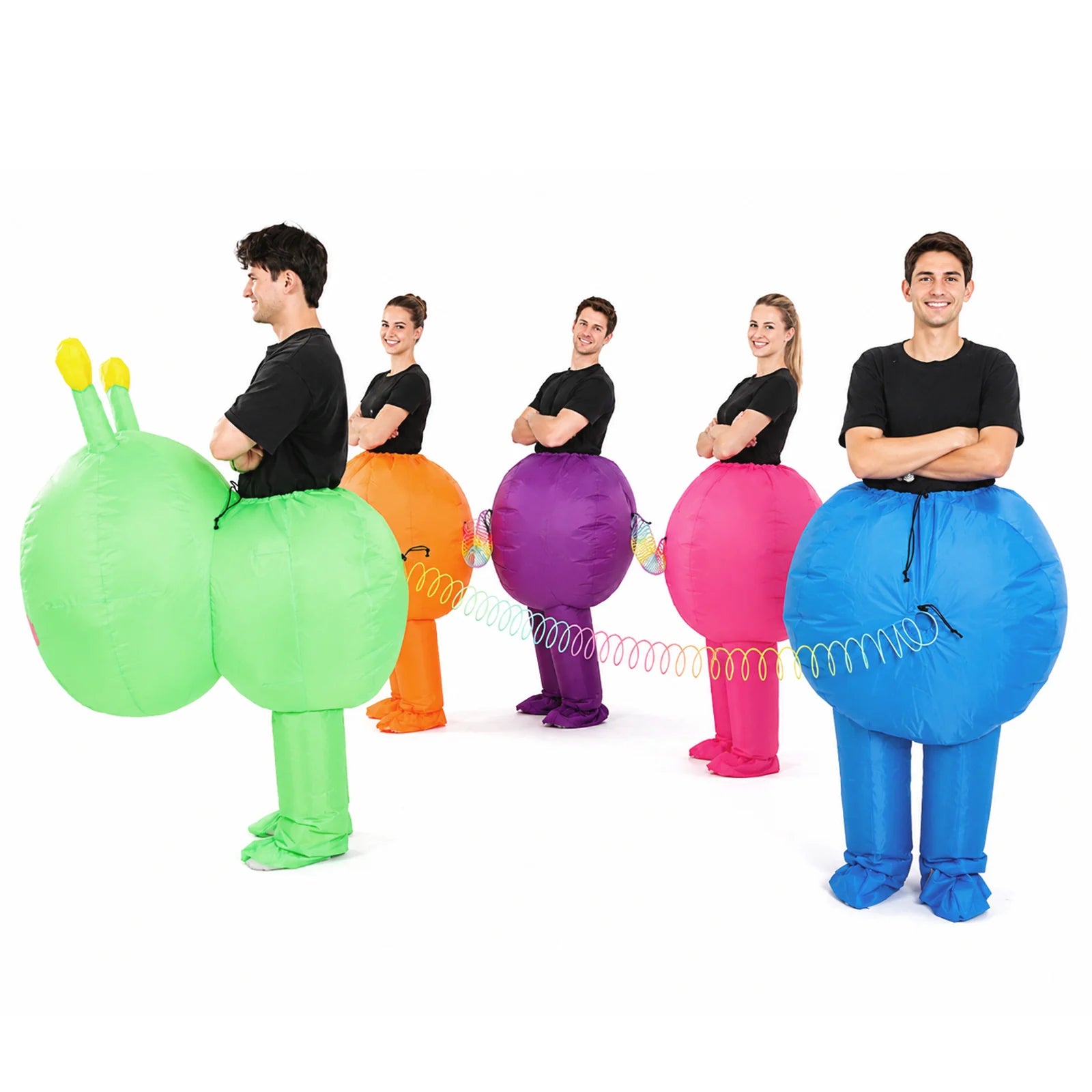 Side view of five adults linked together in the inflatable caterpillar costume