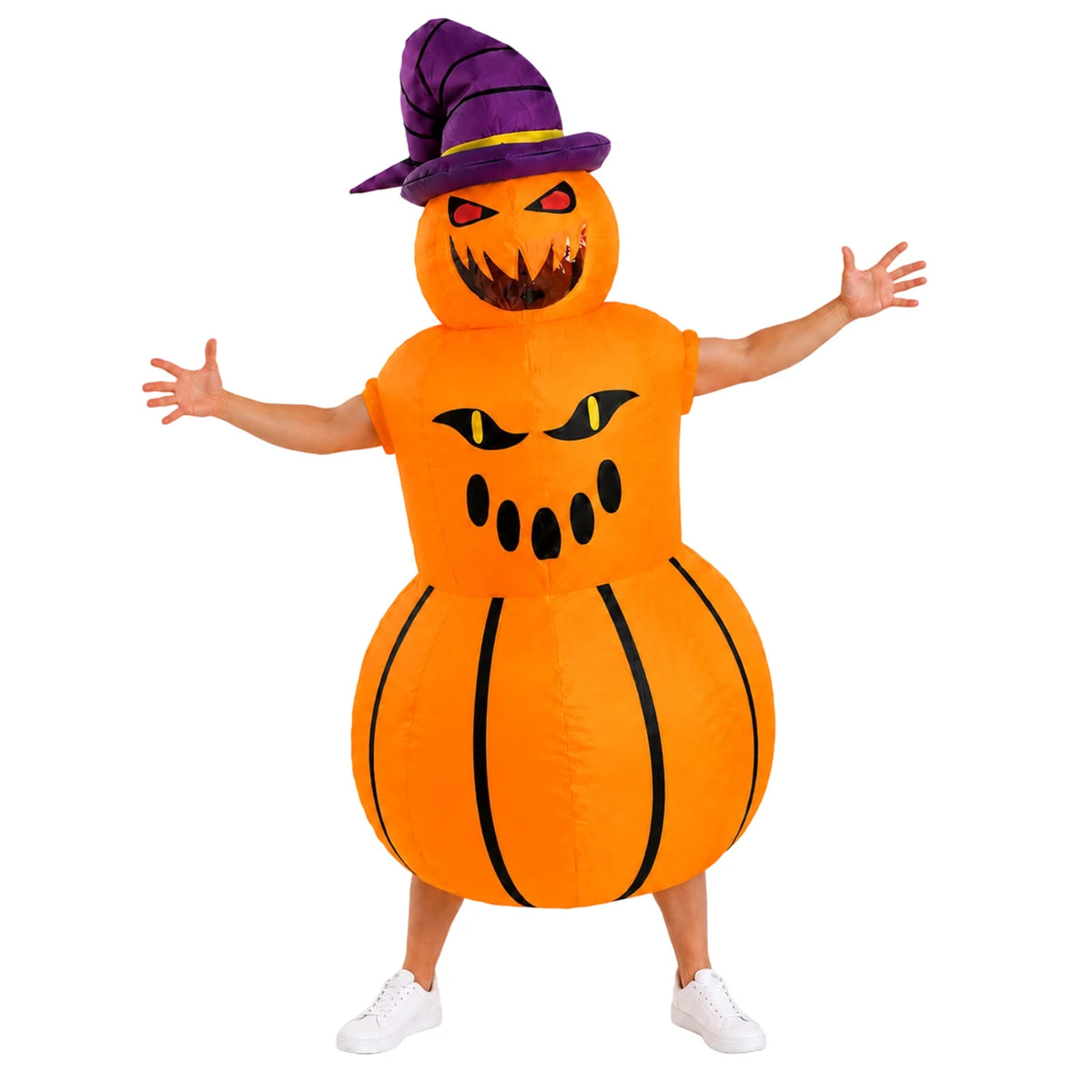Adult poses with arms out in the orange inflatable pumpkin costume