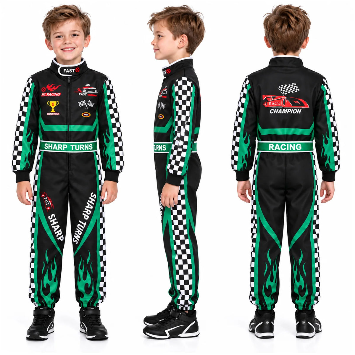 Front side and back views of a child wearing the black and green racing costume jumpsuit.