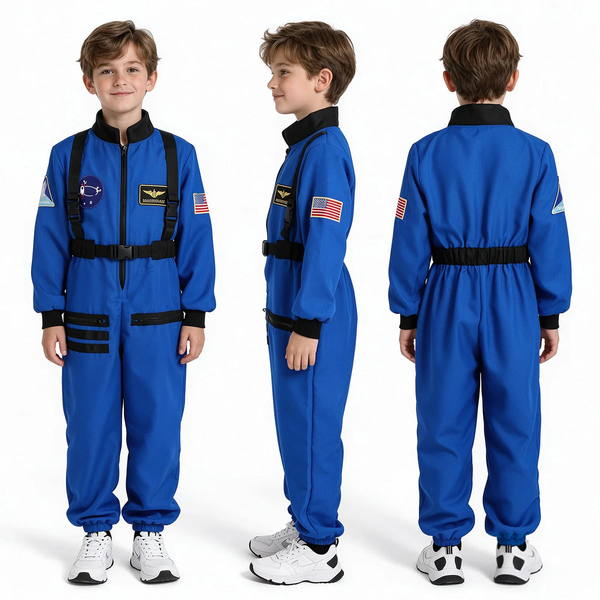 Front side and back views show a child wearing the blue astronaut costume jumpsuit with black harness-style straps.