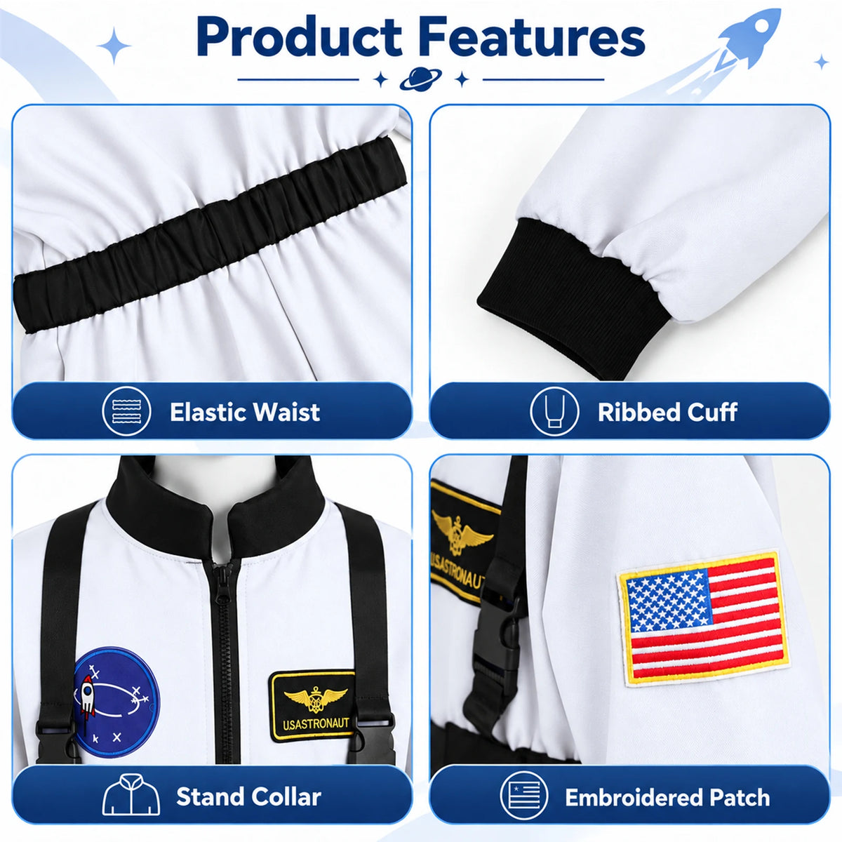 White astronaut costume detail panels label Elastic Waist Ribbed Cuff Stand Collar and Embroidered Patch beside close-up garment views.