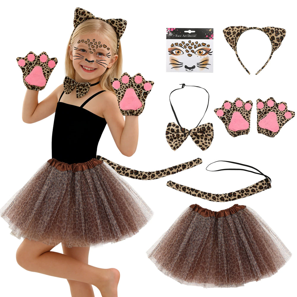 Leopard girls' animal costume six-piece set with tutu, cat ears, tail, bow tie, paw gloves and face stickers.