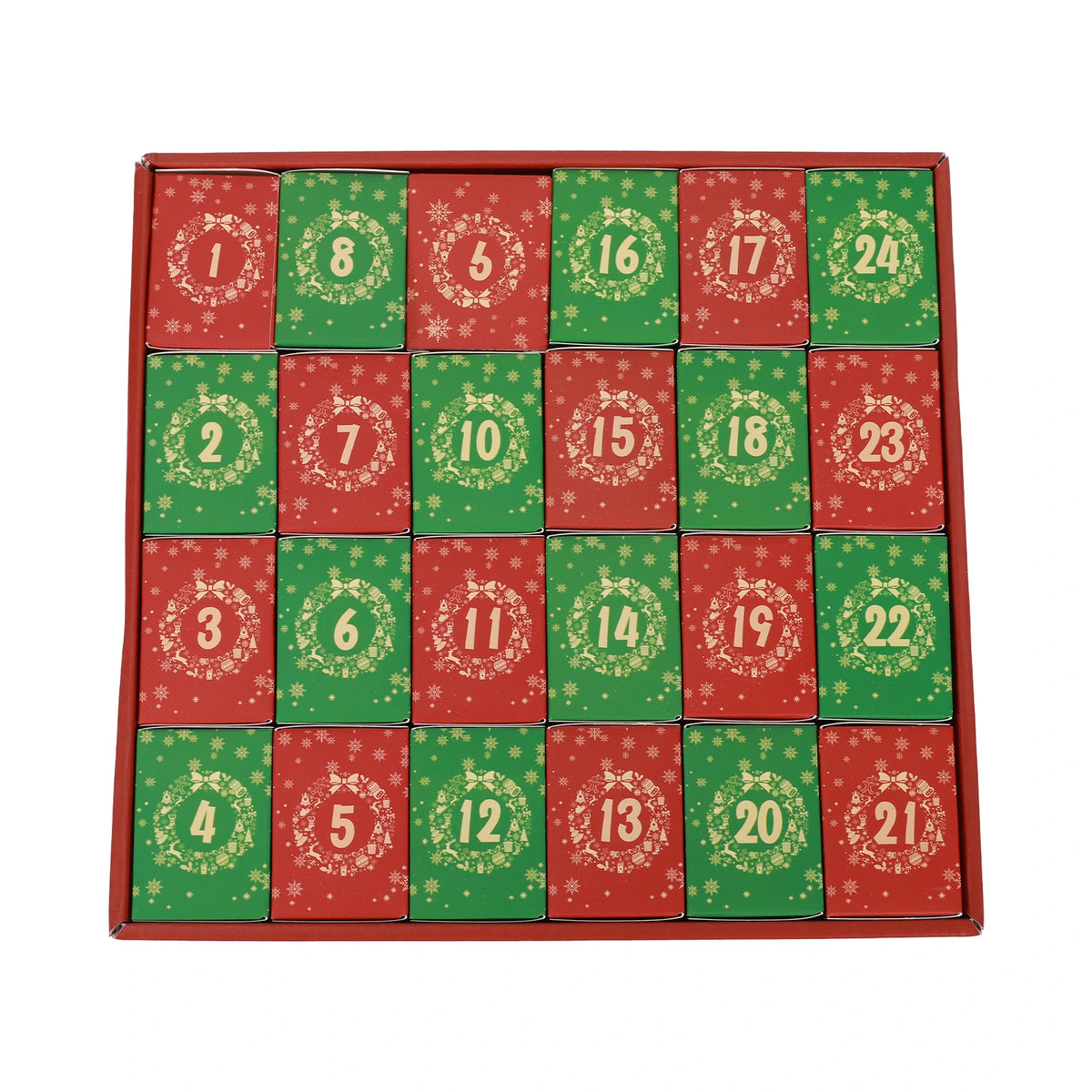 Twenty-four red and green numbered inner boxes arranged in the Nativity puzzle calendar tray.