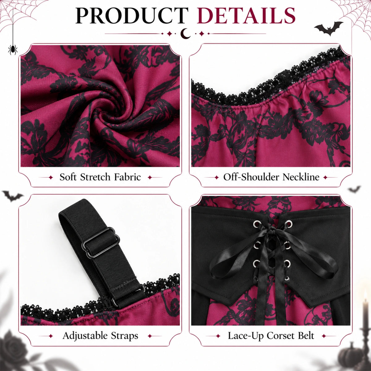 Details of the off shoulder gothic dress showing its neckline, adjustable straps and lace-up corset belt.
