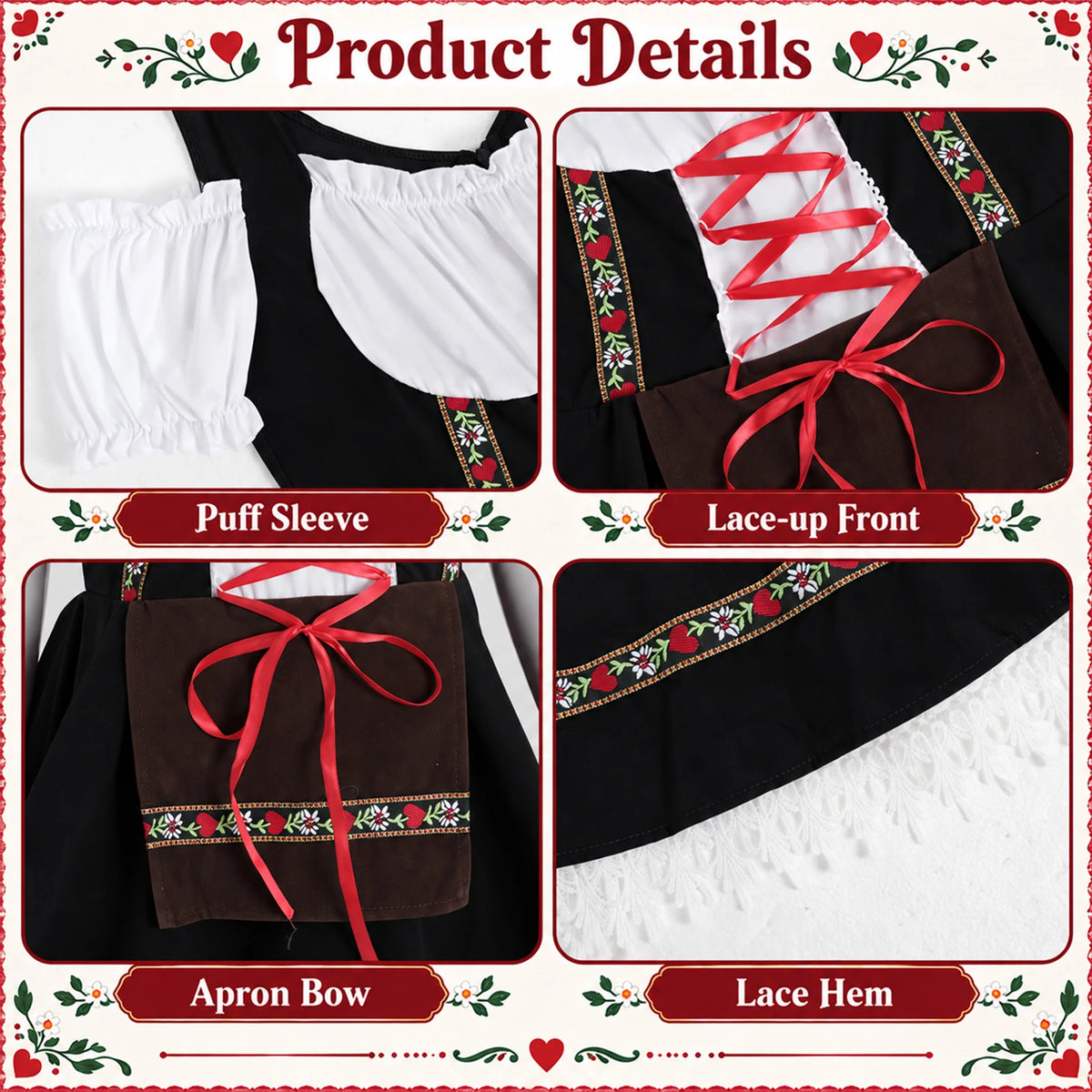 Black dress detail panels labeled Puff Sleeve, Lace-up Front, Apron Bow and Lace Hem show the white sleeve and red ribbon.