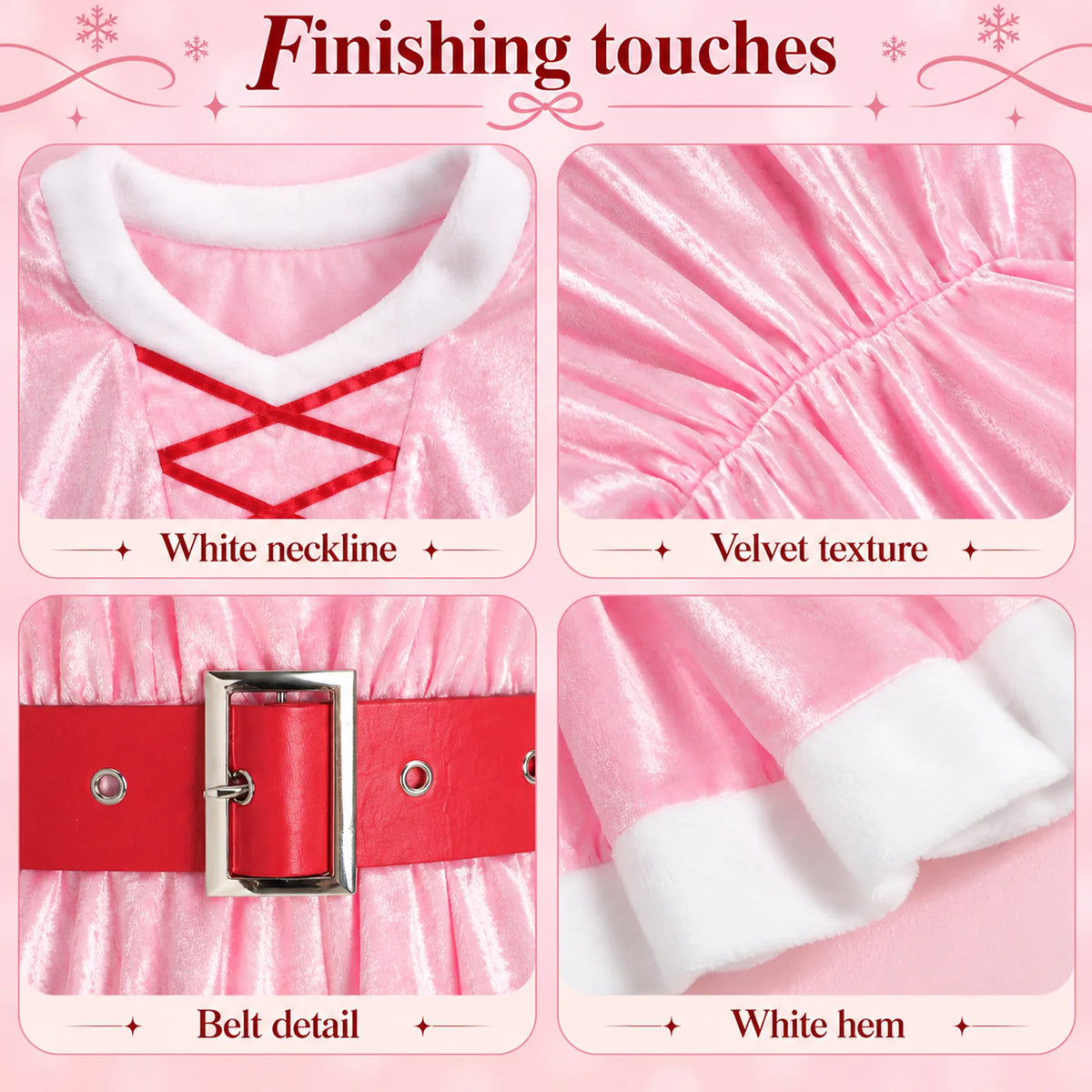 Close details show the pink dress neckline, velvet texture, belt and white hem.