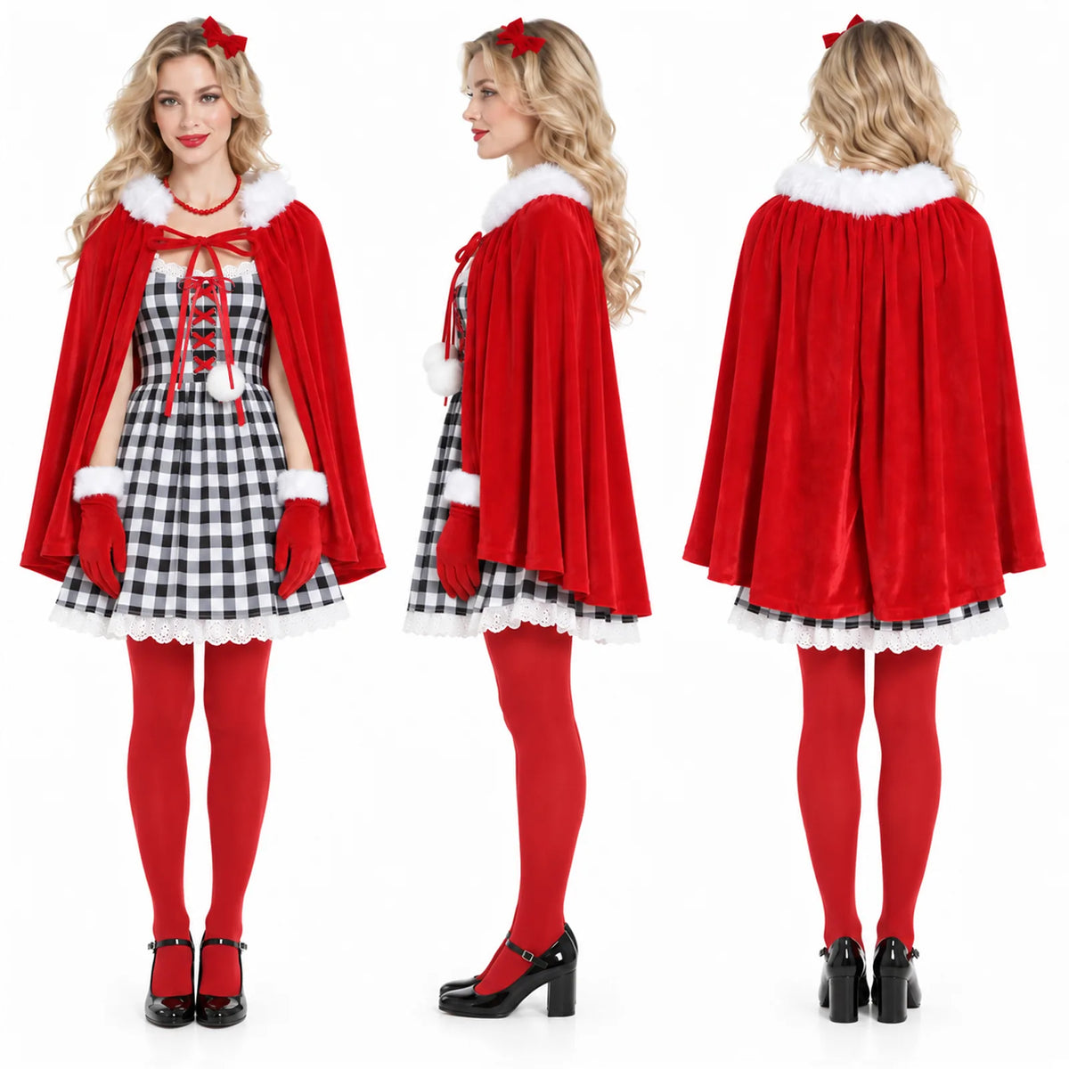 Front, side and back views show the plaid dress and red cape.