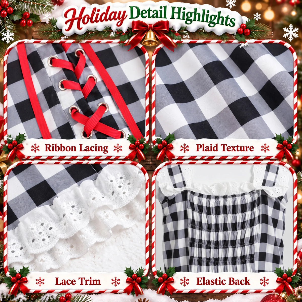 Close-up panels show the dress ribbon lacing, plaid fabric, lace trim and elastic back.