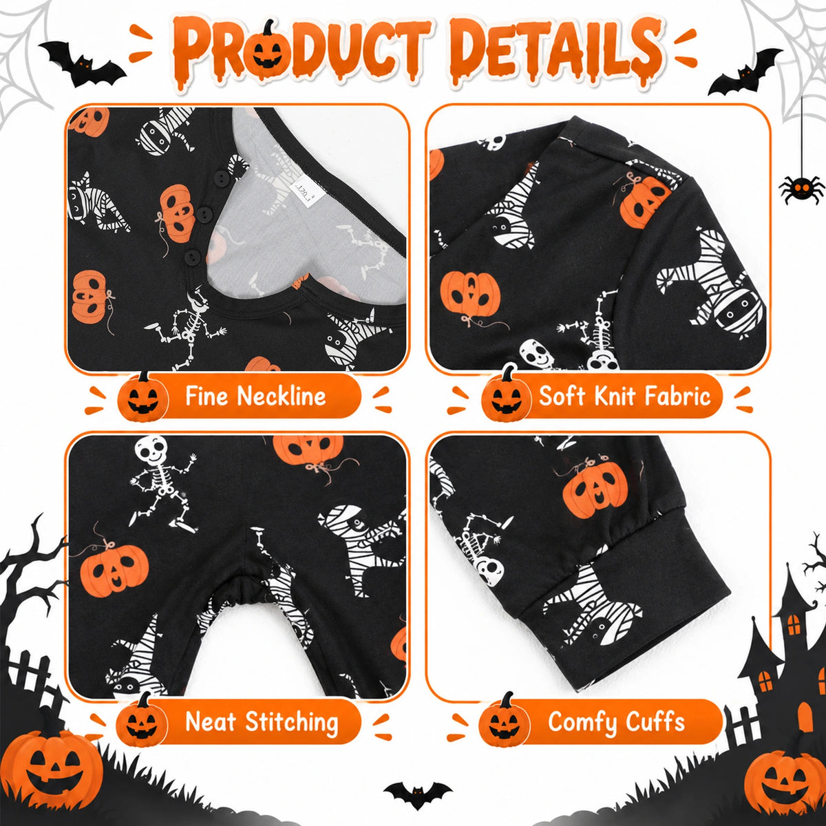 Close-ups of the pumpkin and skeleton print, short button neckline and black cuffs on the one-piece pajamas.
