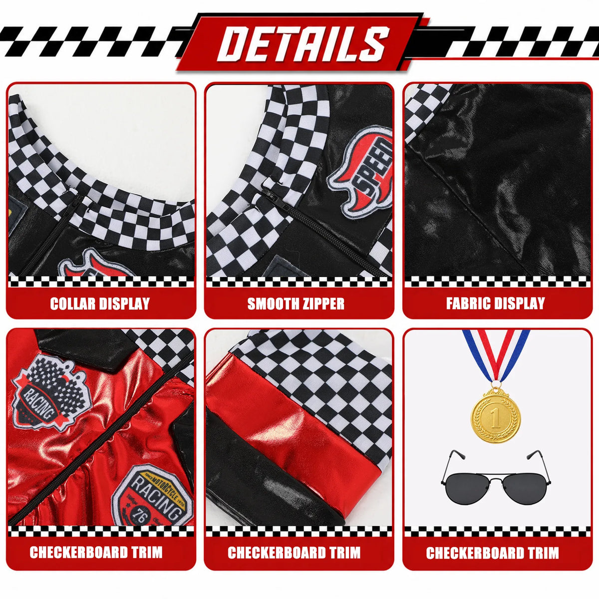 The racing costume detail panel shows its collar, zipper, glossy fabric and checkered trim.