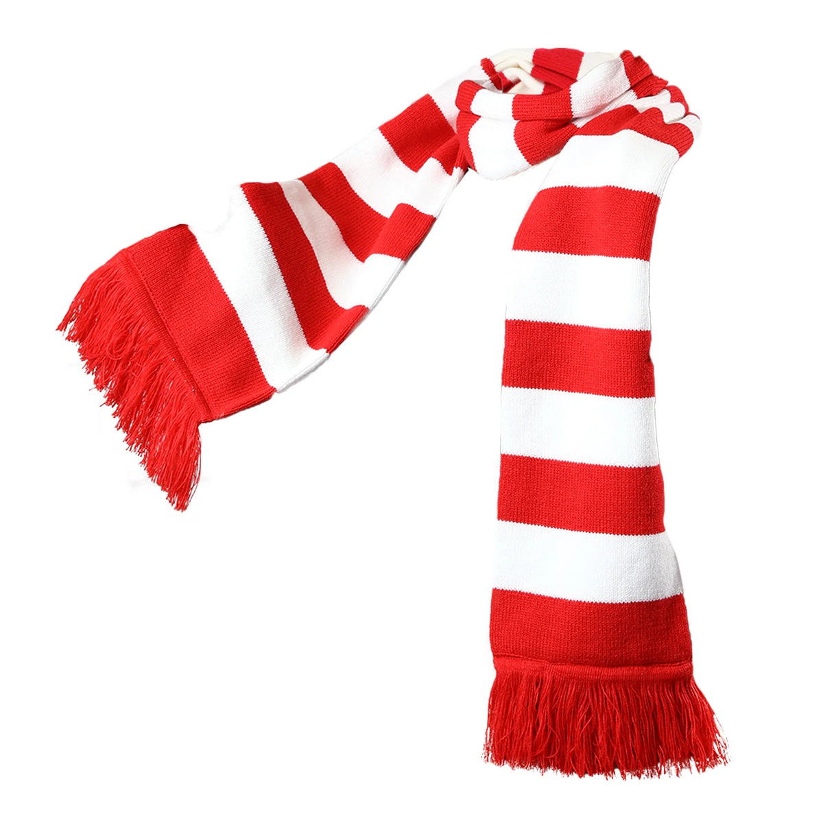 Red and white striped scarf draped on a white background.