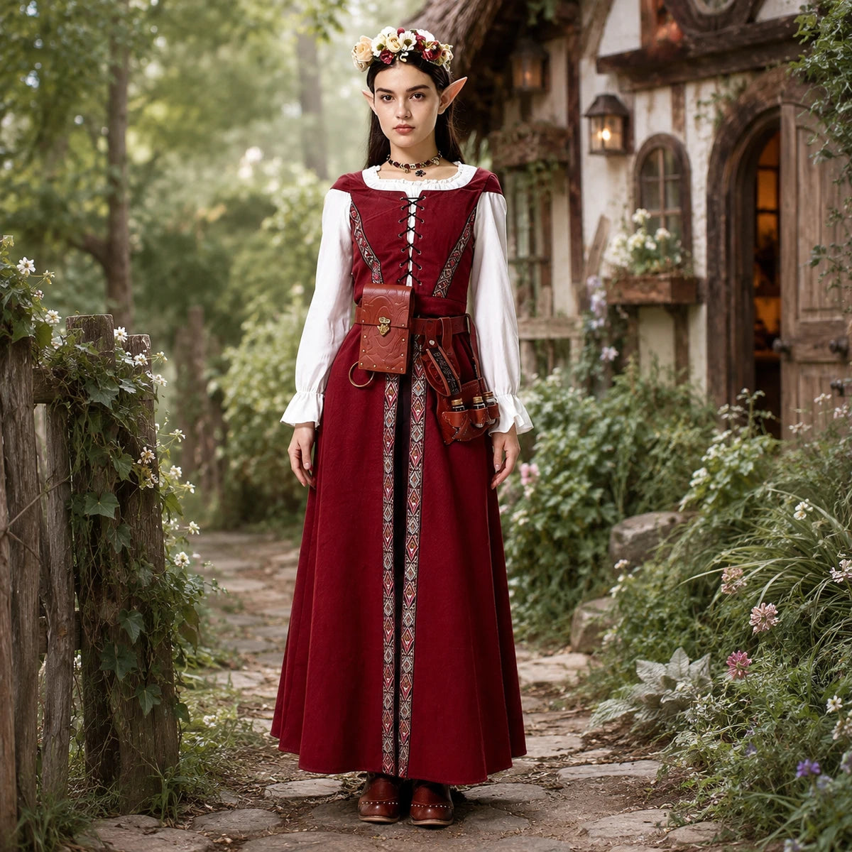 Renaissance Elf Costume – Burgundy 10-Piece Set