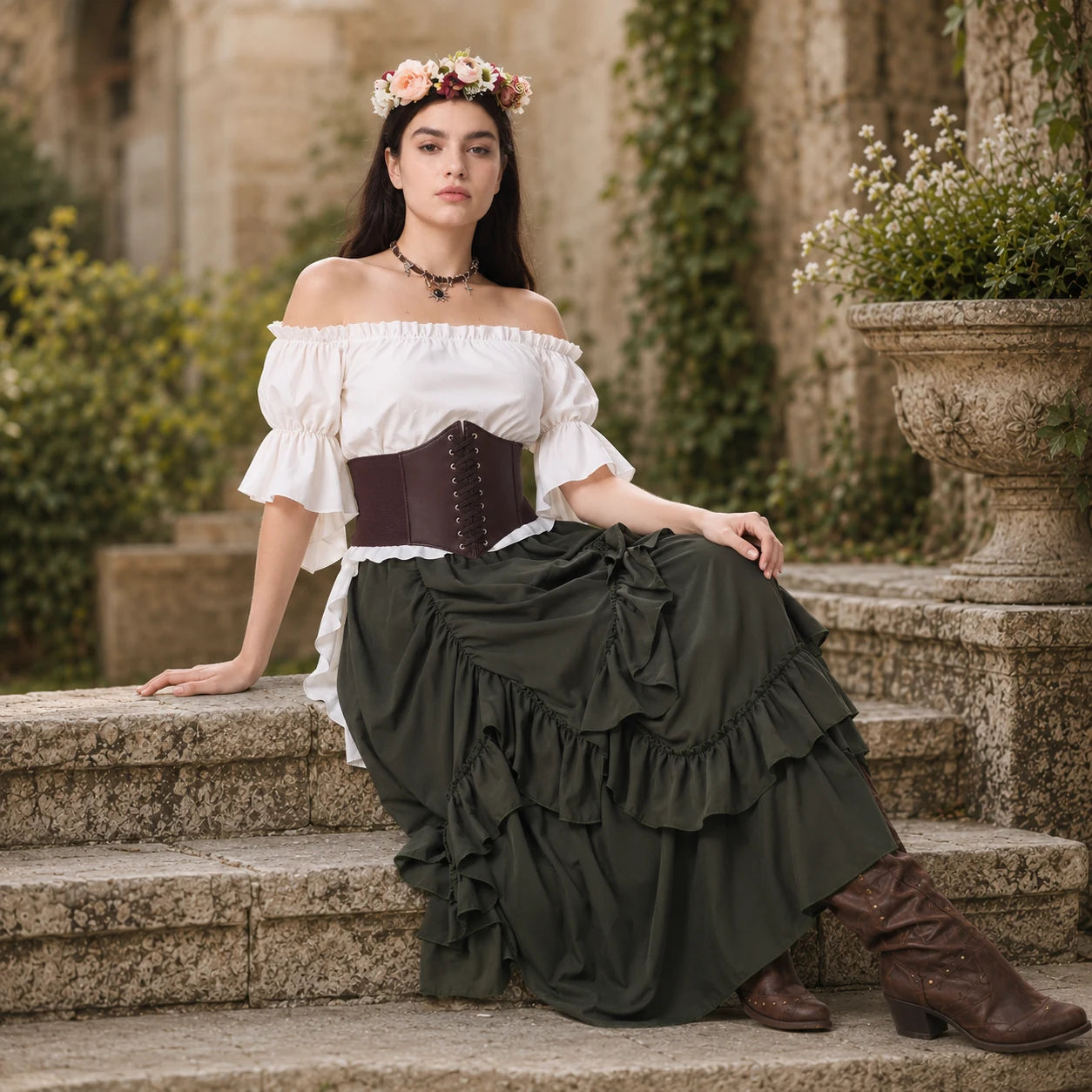 Women's Renaissance Peasant Outfit with Green Skirt