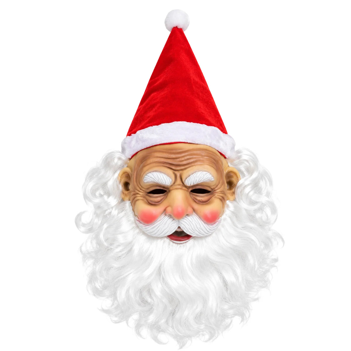 Front view of the Santa mask, white hair and beard with a red hat.