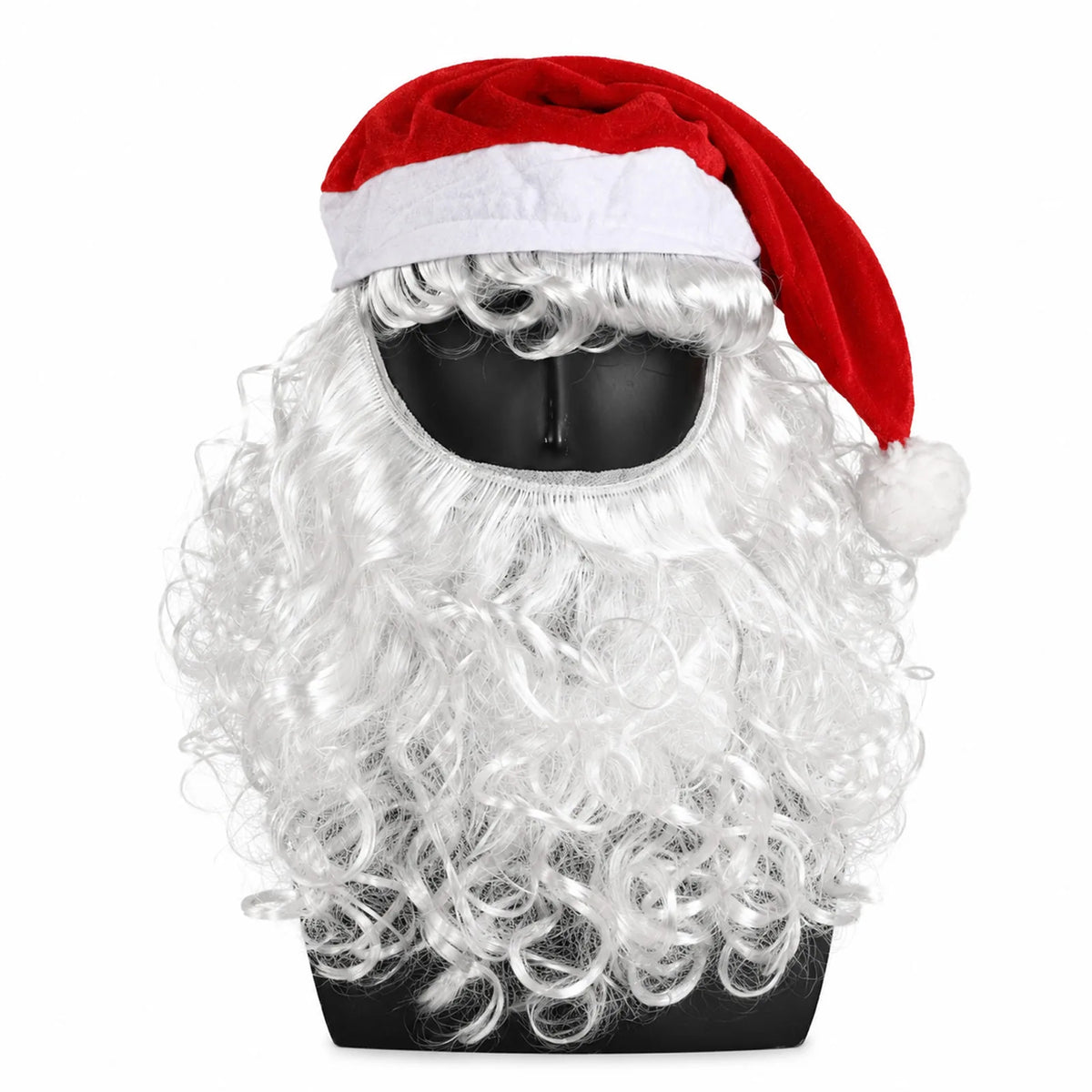 Front view of a red Santa hat with attached curly white hair and beard on a display head.