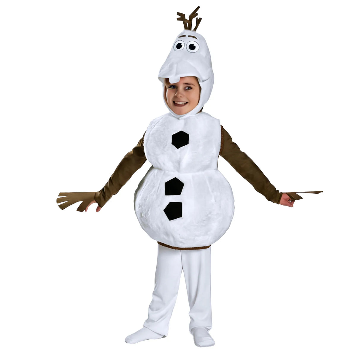Inspired by Olaf, the snowman costume has brown branch-shaped sleeves extended beside the white vest.
