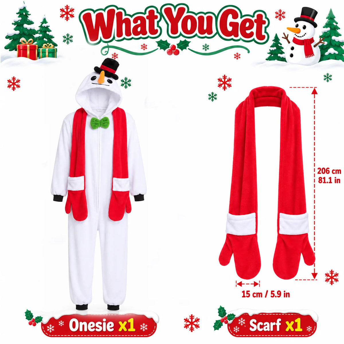 A graphic shows the included hooded snowman onesie and red mitten scarf.