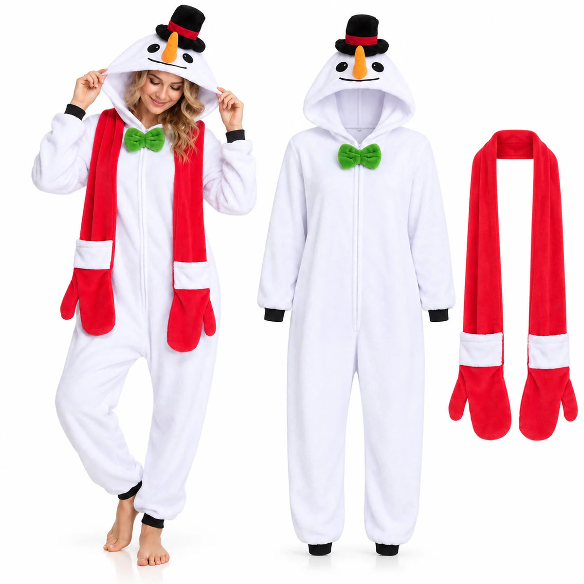 A woman wears the snowman onesie beside the separate red mitten scarf.
