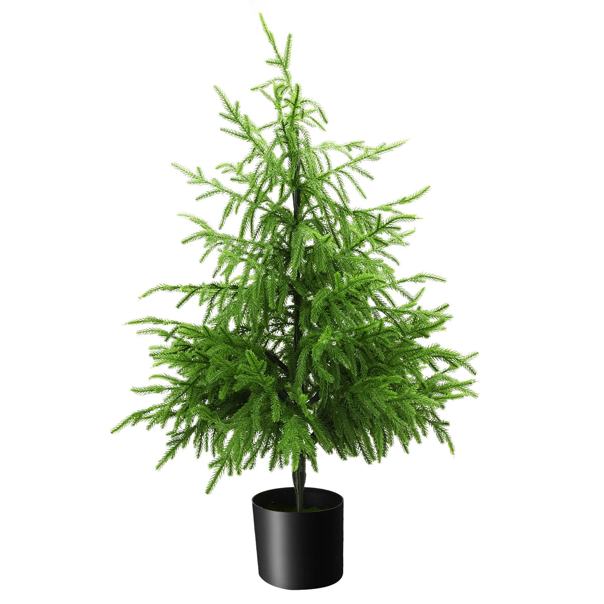 The 90 cm artificial green tree stands in a black pot.
