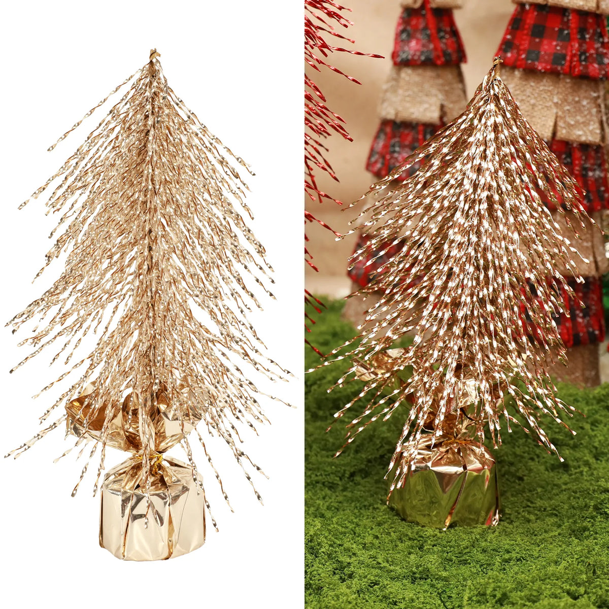 A gold tabletop Christmas tree appears beside a close view of its branches.