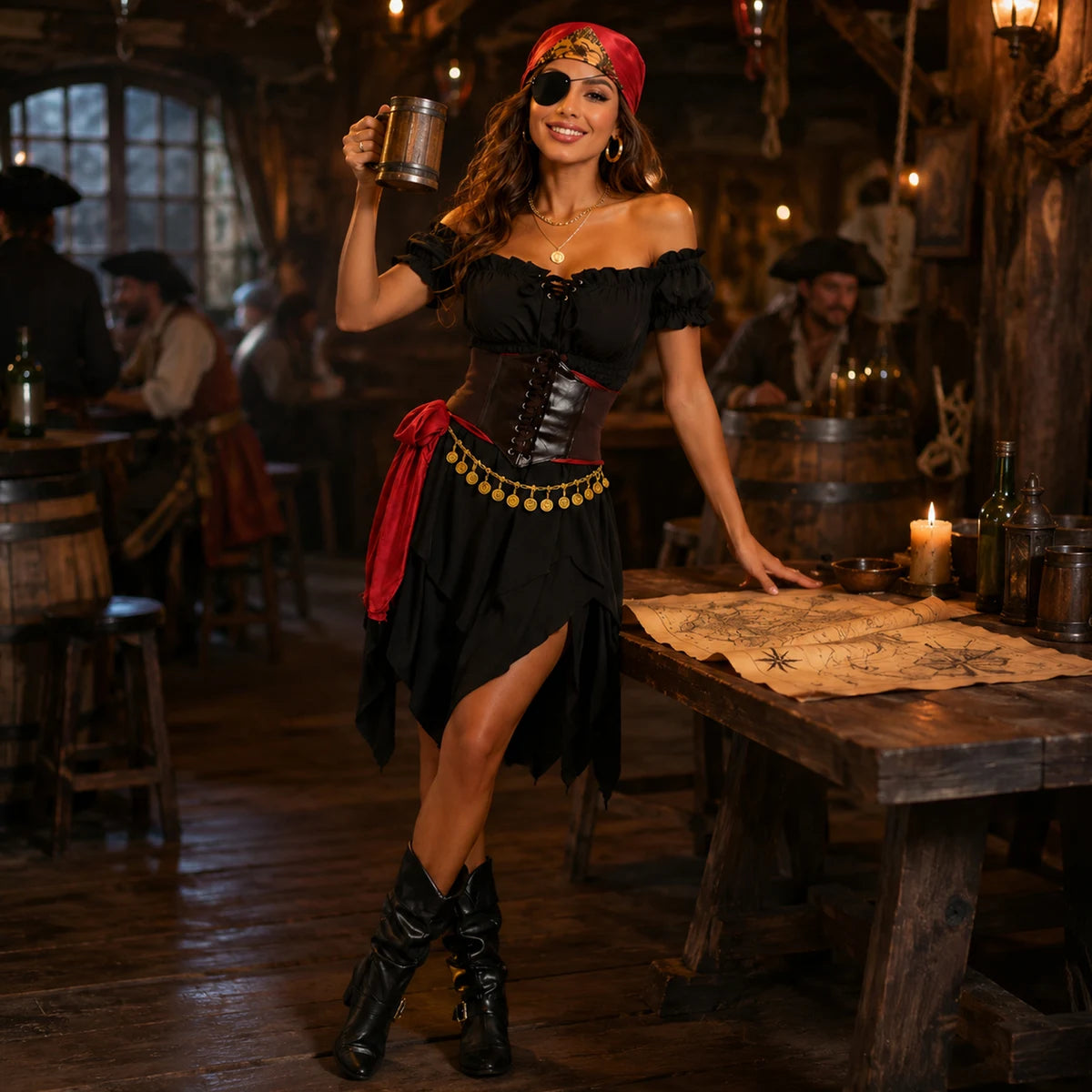 ladies pirate dress Costume for Women – Black & Red 8-Piece – Qomoor eye patch and headscarf Color:Laguna Gardenia Floral Category_Party Dresses Ariana Grande's Dress at