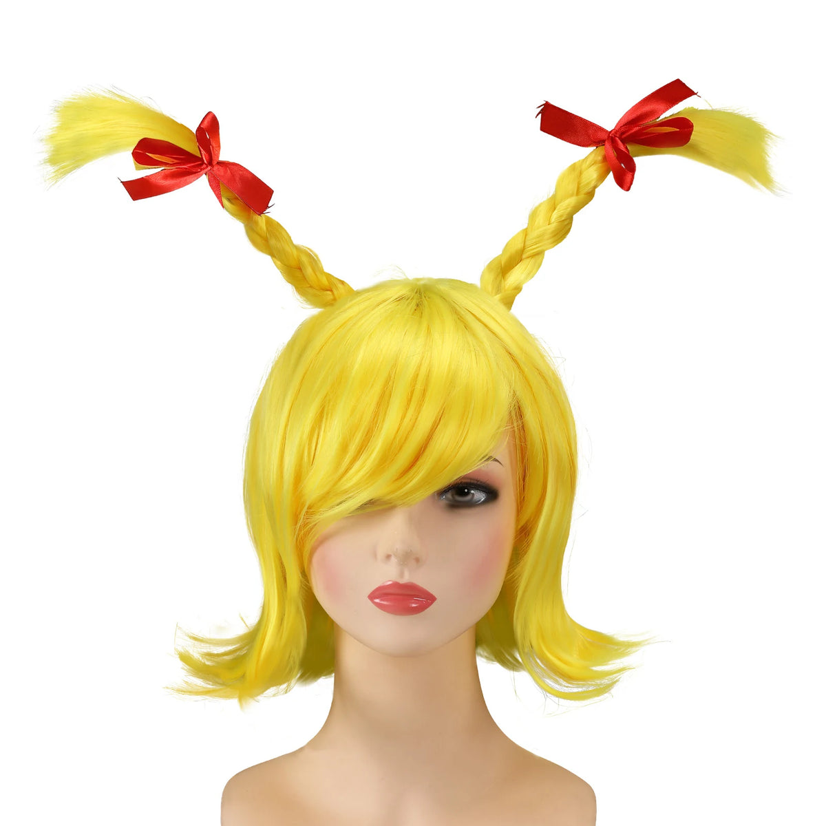 Front view of yellow bob wig with two red bow braids.