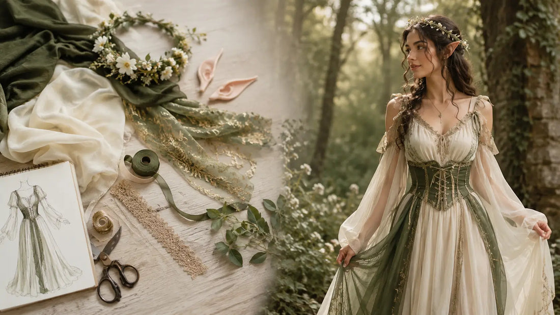DIY Renaissance fairy costume materials beside a woman wearing a coordinated forest fairy costume