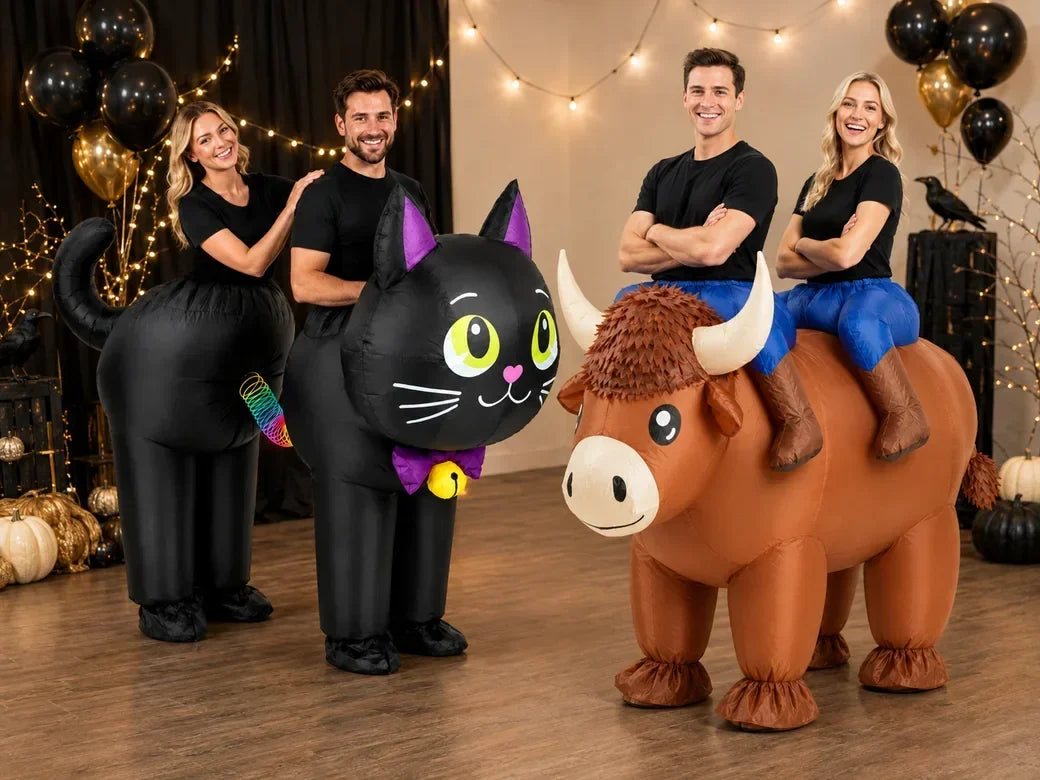 Two couples wearing black cat and Highland cow inflatable duo costumes at a Halloween party