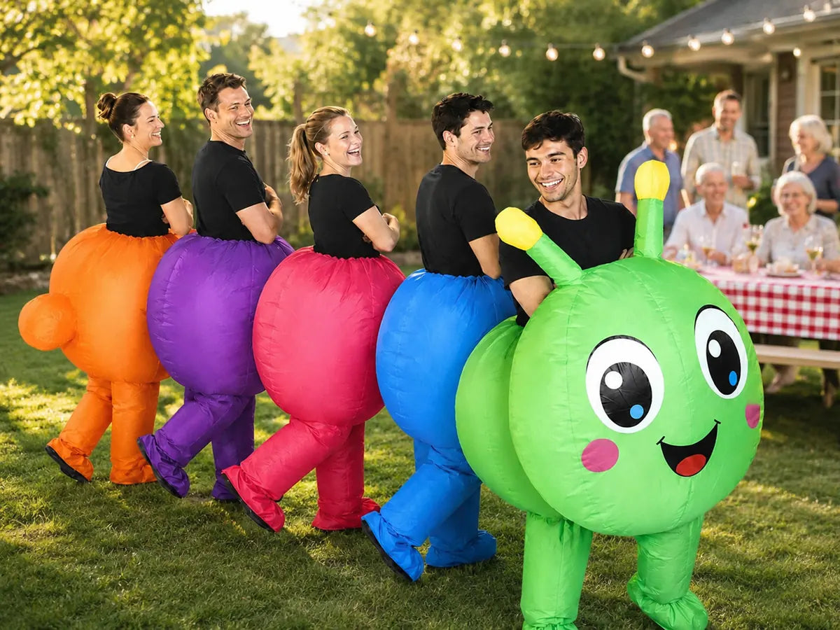Five adults wearing a colorful inflatable caterpillar costume at a family backyard gathering