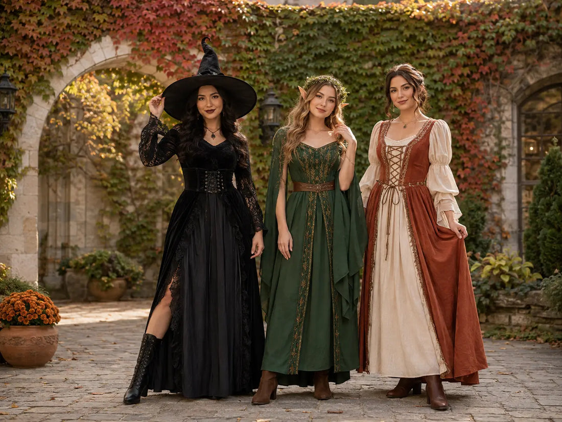 Three women wearing witch, forest elf, and Renaissance Halloween costumes