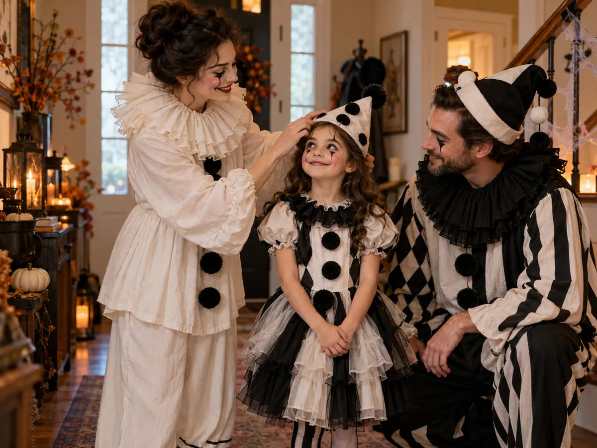 Conceptual Halloween family scene in coordinated black-and-white clown costumes; actual products are shown and linked in the article